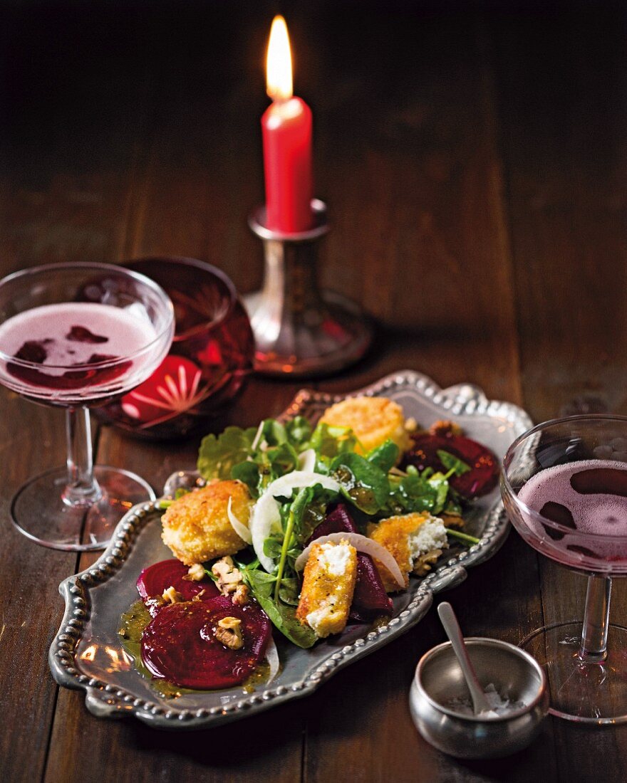 Beetroot carpaccio with breaded goats cheese for Valentine's Day