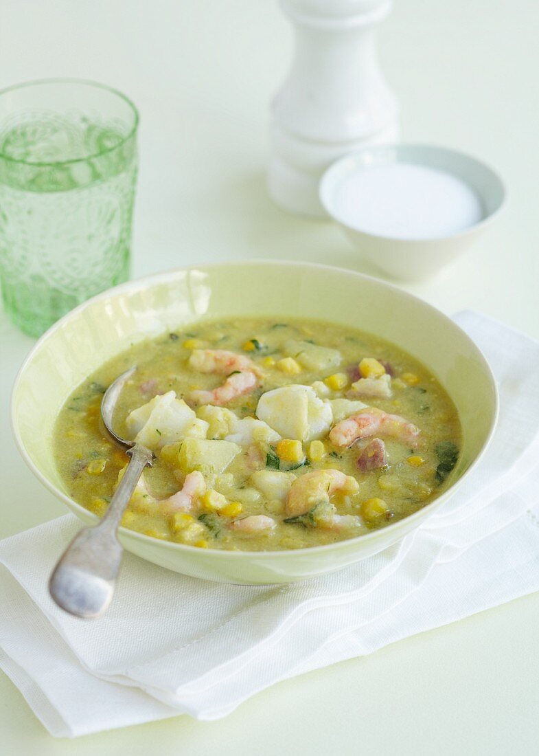 Vegetables stew with potatoes, sweetcorn and prawns