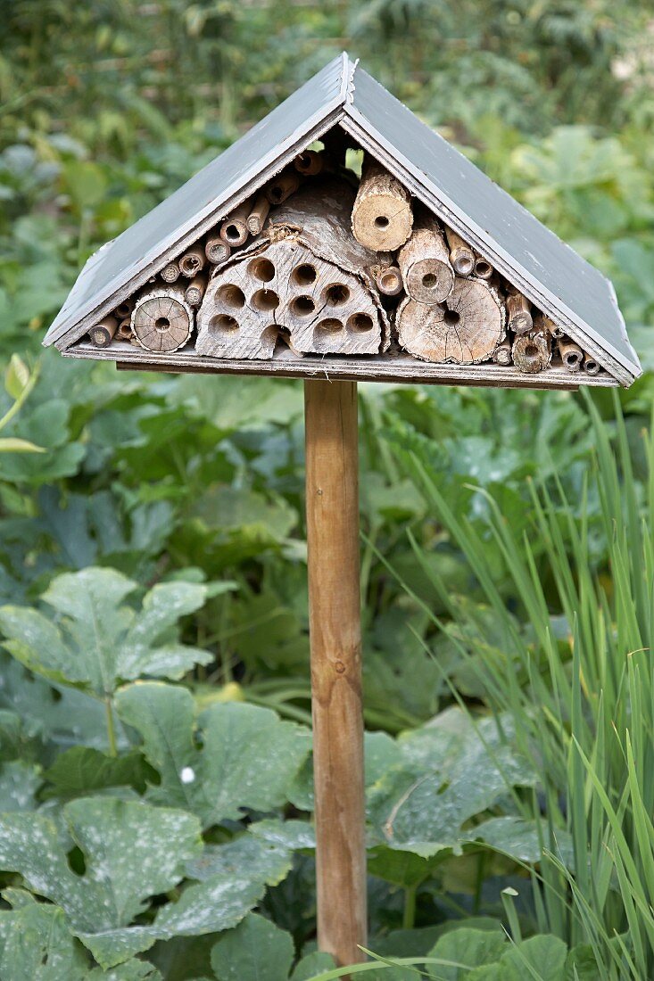 Insektenhotel auf Holzstiel im Gartenbeet