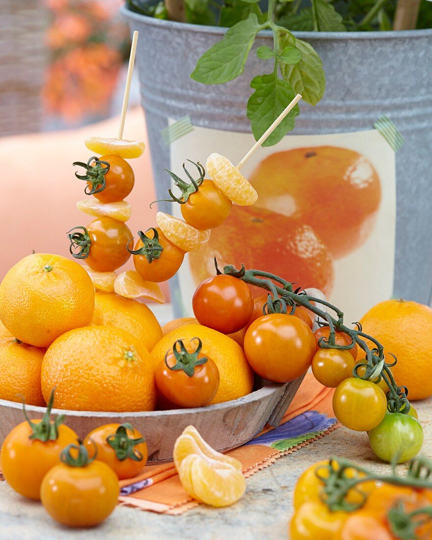Mandarin and yellow tomato skewers
