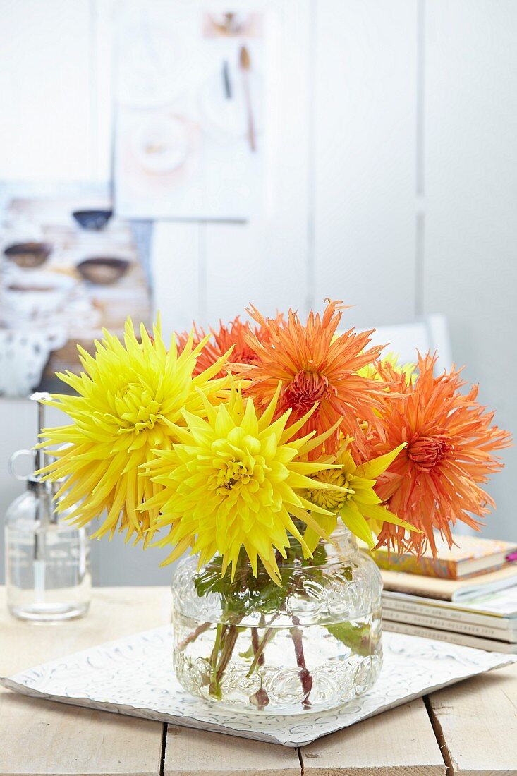 Orange and yellow fimbriata dahlias in glass vase