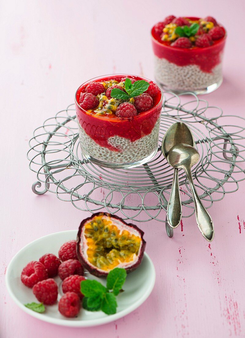 Chia pudding with raspberries and passion fruit