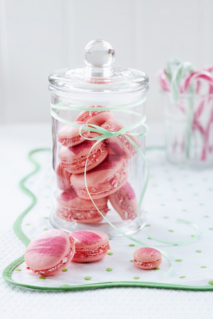 Pink macaroons in a sweetie jar