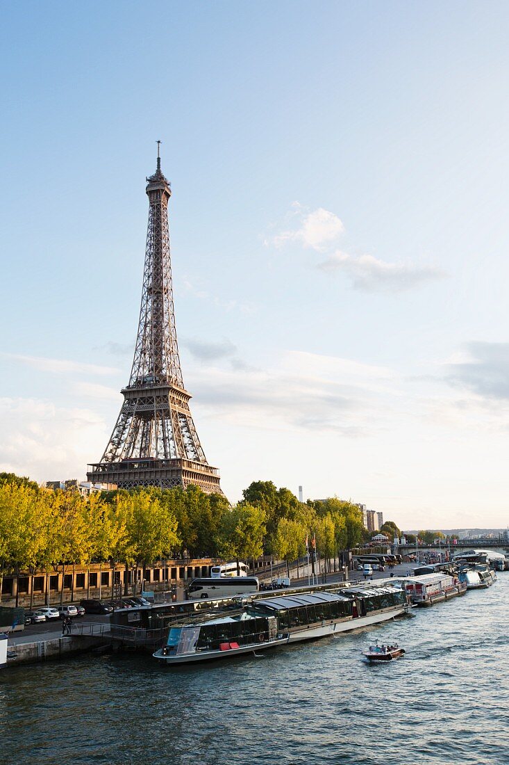 The Eiffel Tower, Paris' landmark, seen from the River Seine