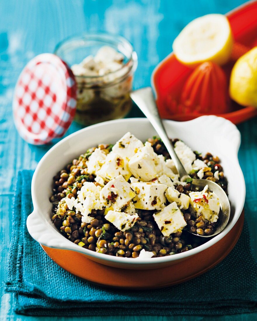 Lentils with marinated feta cheese