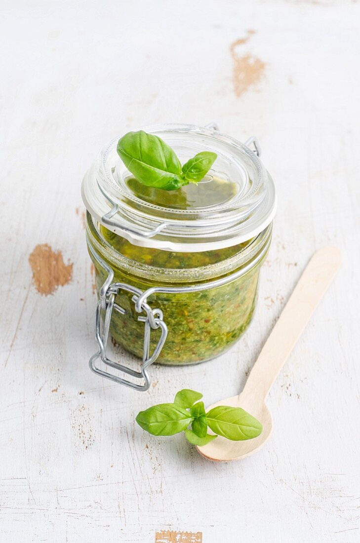 A jar of basil pesto