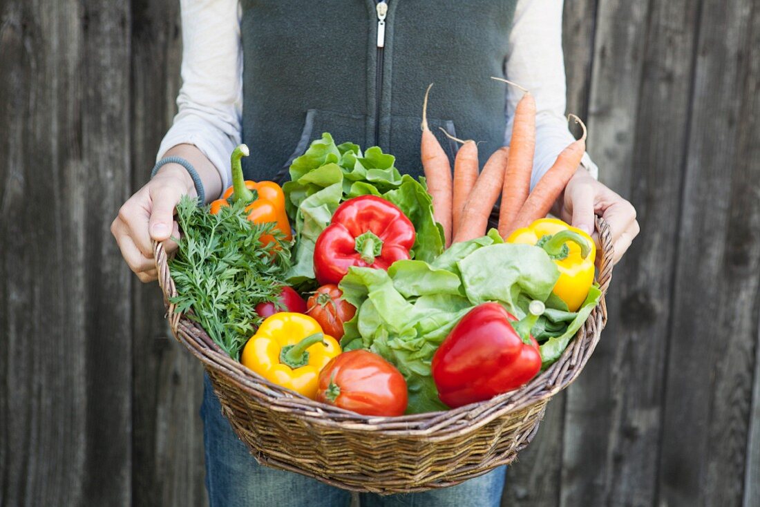 Woman holding basket of vegetables
