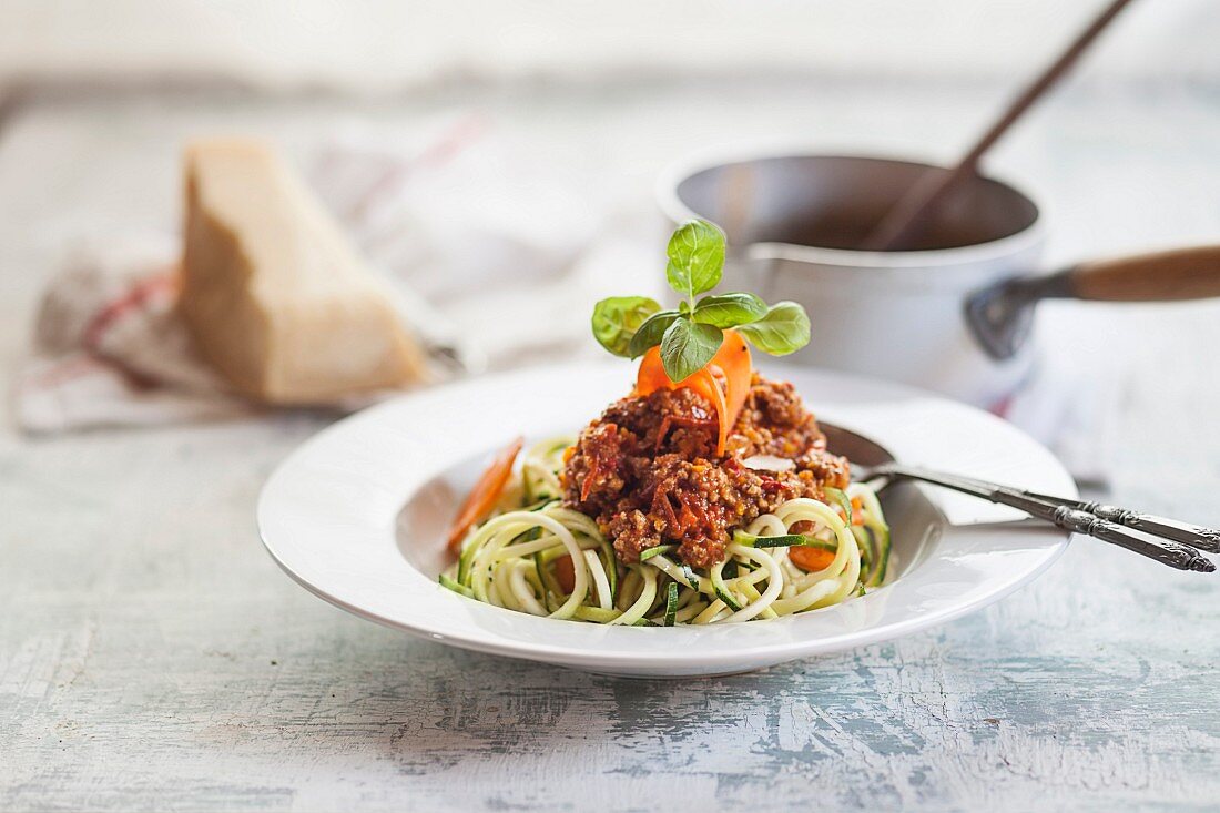 Spaghetti made from courgette with bolognese sauce