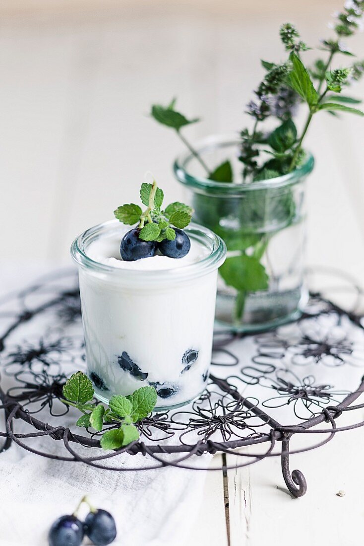 Joghurt mit blauen Trauben und Minze