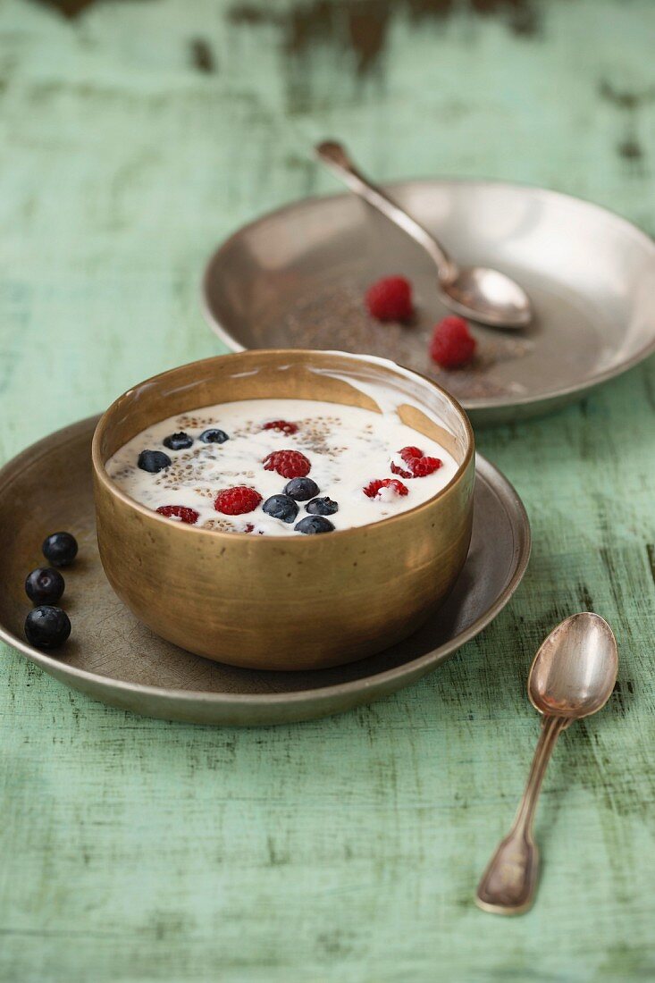 Vanillejoghurt mit Chiasamen, Heidelbeeren und Himbeeren