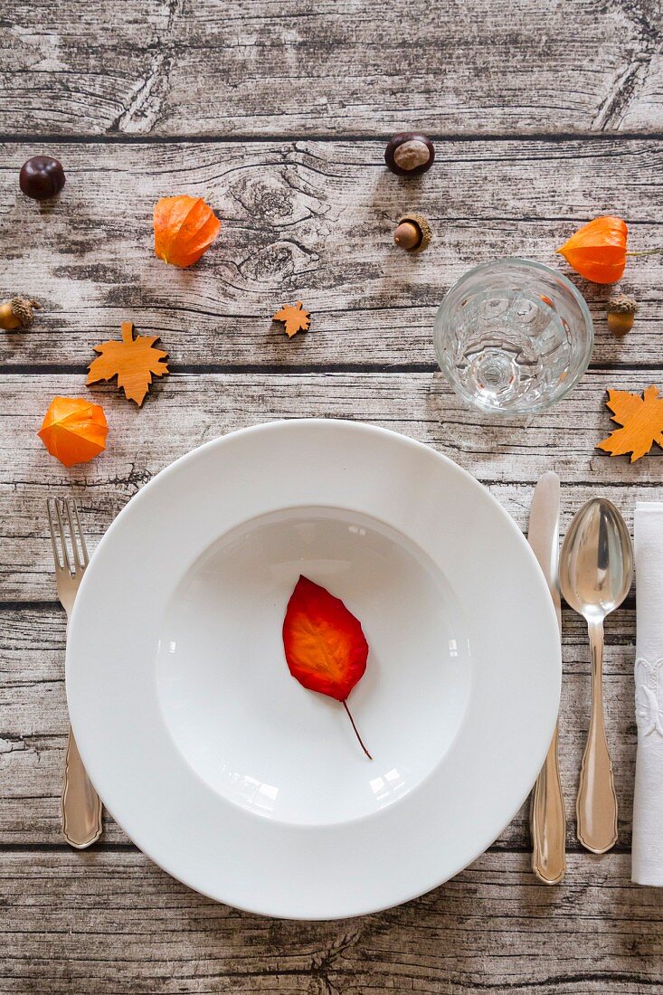 A soup dish on an autumnal laid table