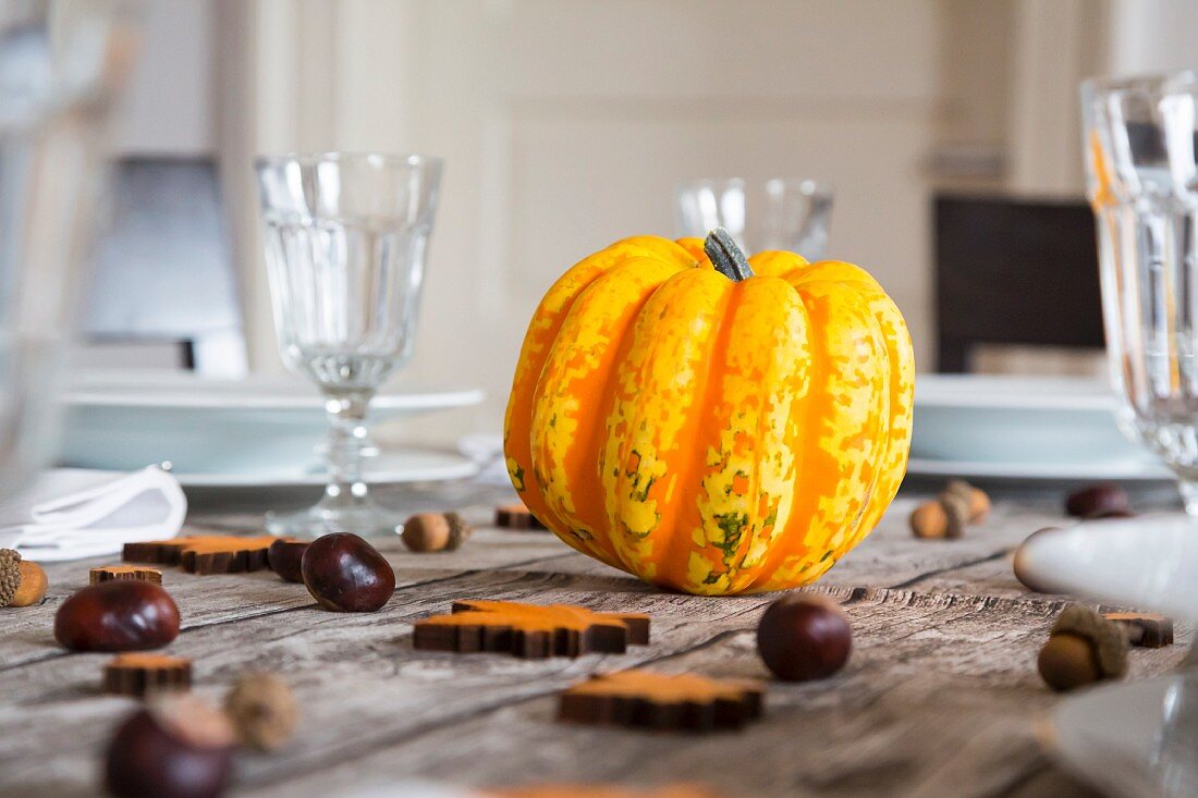 A yellow pumpkin, chestnuts and acorns on an autumnal laid table