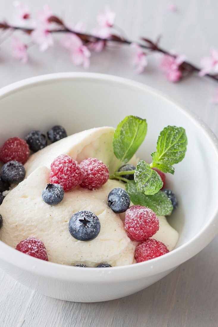 Quarkmousse mit Beeren, Vanilleschoten und Puderzucker