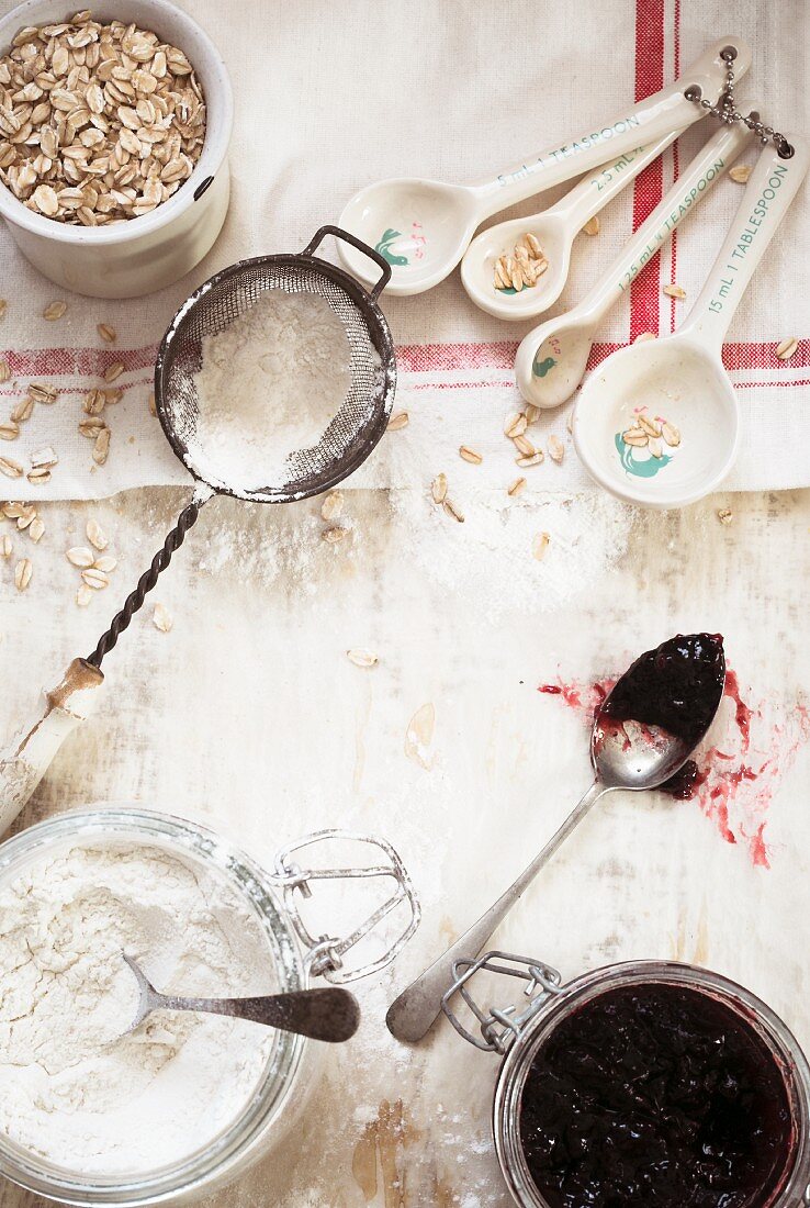 Baking ingredients on a white surface