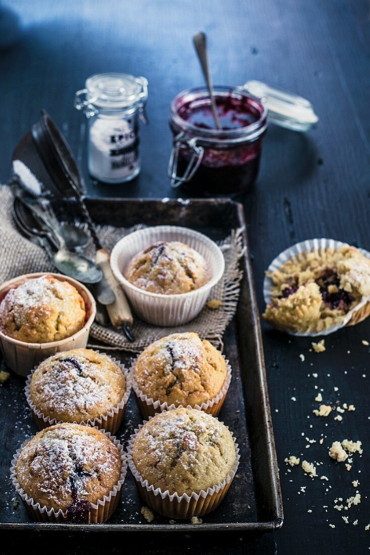 Wholemeal muffins filled with berry jam