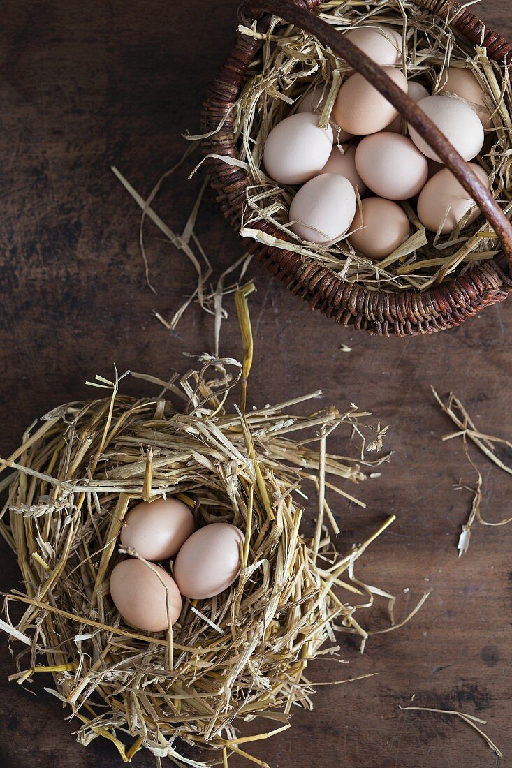Frische Eier im Strohnest und Korb