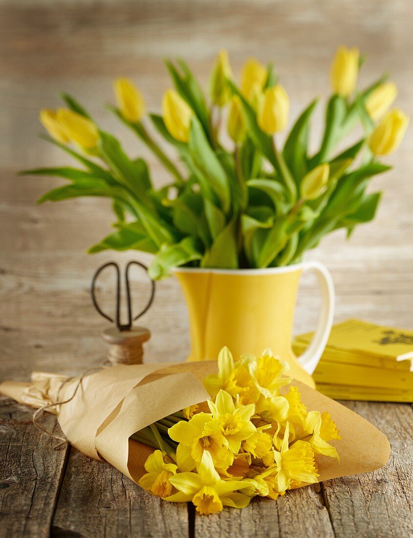 Yellow narcissus wrapped in paper and yellow tulips in ceramic jug