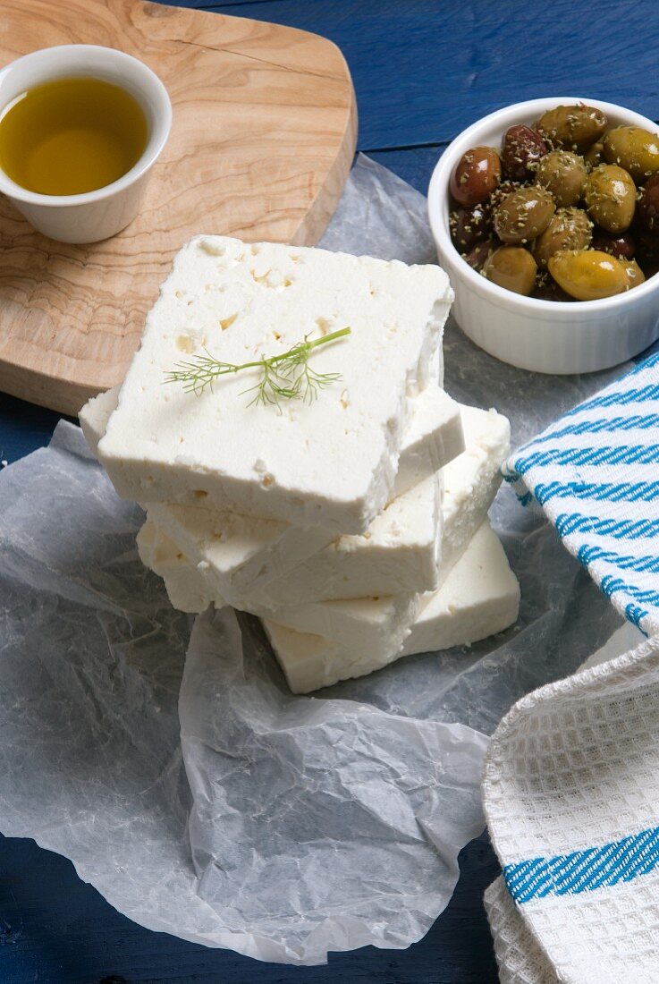 Feta cheese, olive oil and olives
