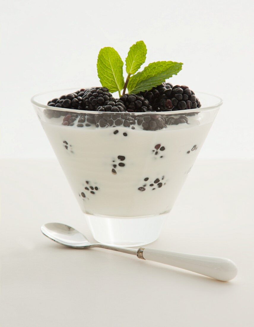 Blackberries and cream with mint in a dessert bowl