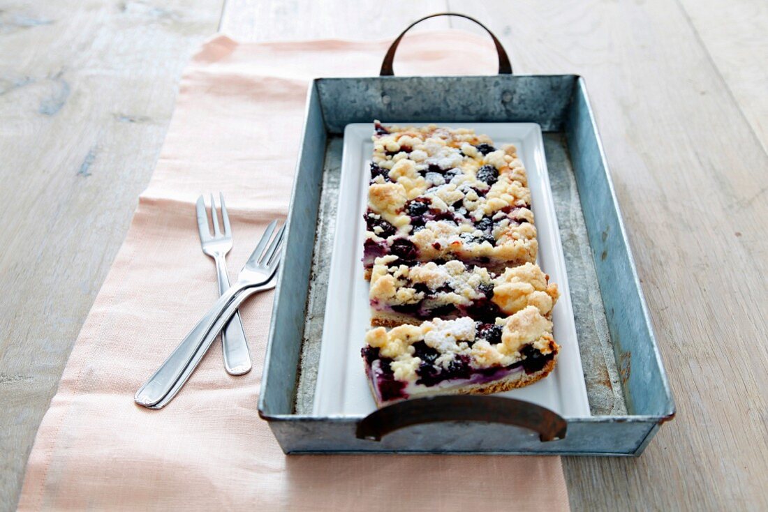 Berry crumble cake in a baking dish