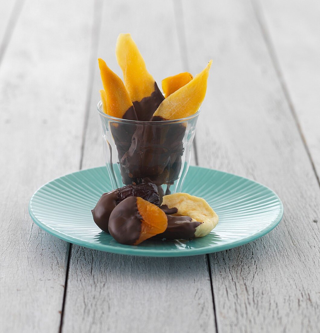 Chocolate-dipped dried fruit