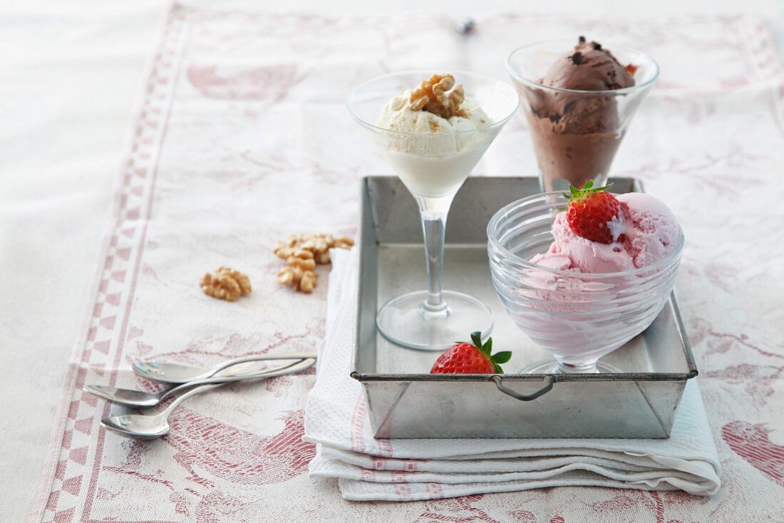 Walnut ice cream, chocolate ice cream and strawberry ice cream