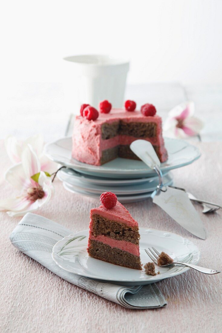 A chocolate cake with raspberry butter cream