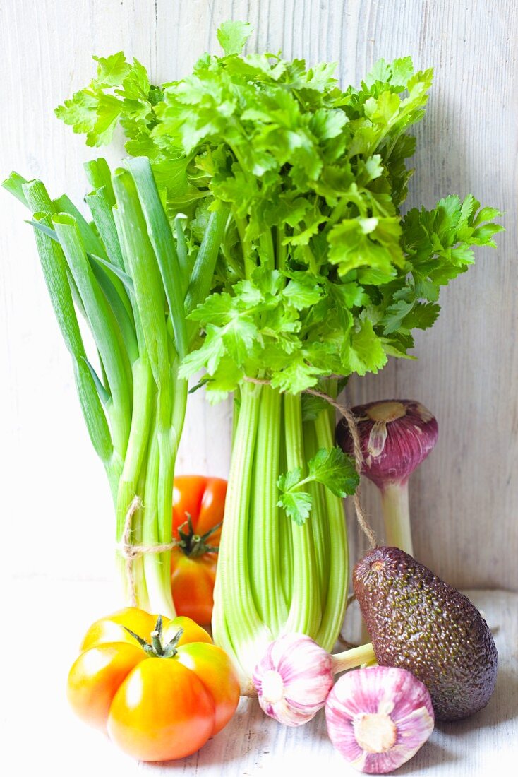 Celery, spring onions, garlic, tomatoes and avocado