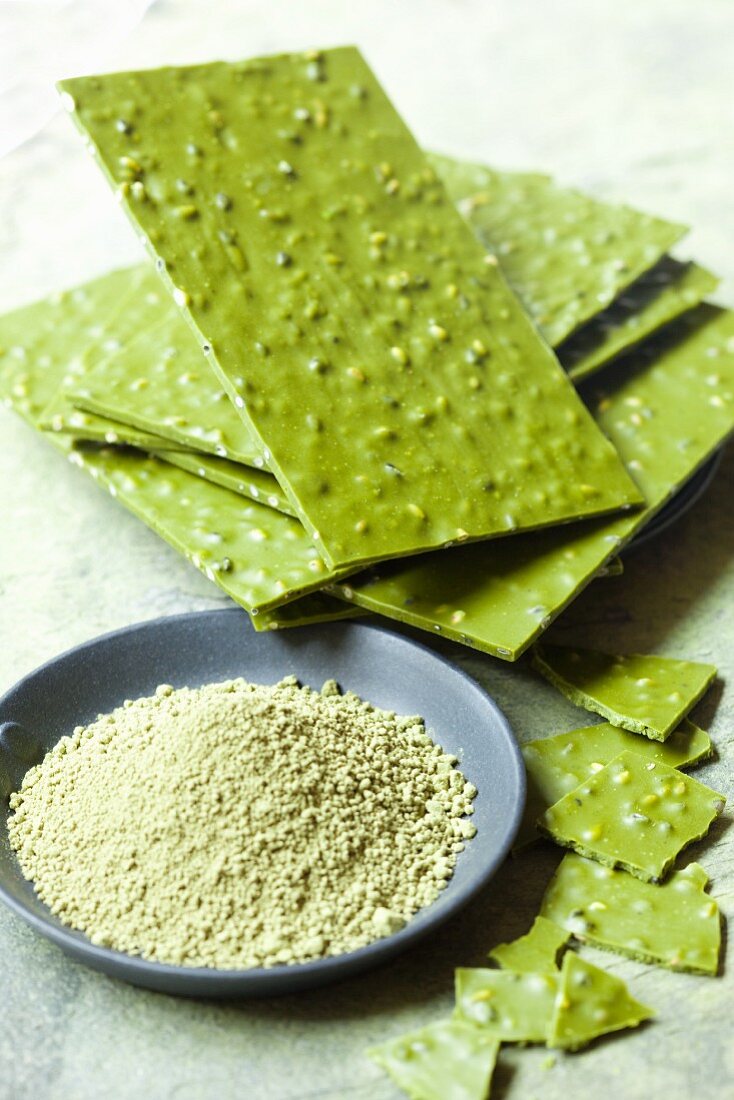 Matcha tea chocolate with sesame seeds