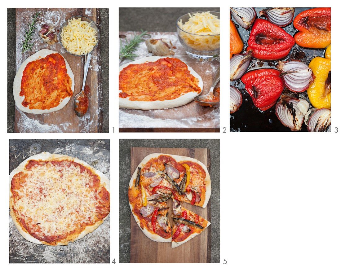 A vegetable pizza with peppers, aubergines and onions being made