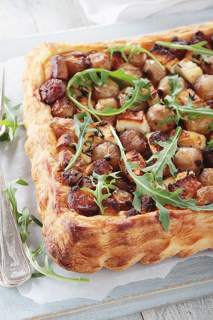 Puff pastry tart with feta cheese and shallots