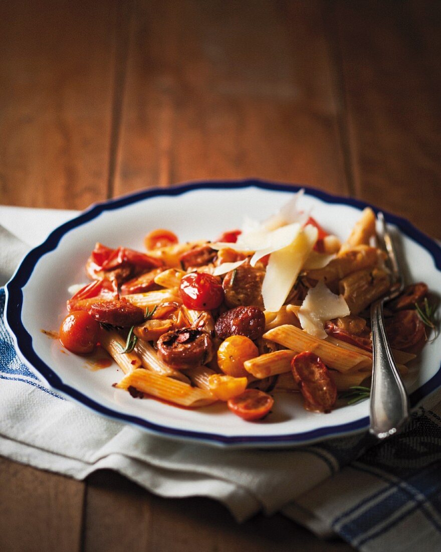 Penne with chorizo and rosemary