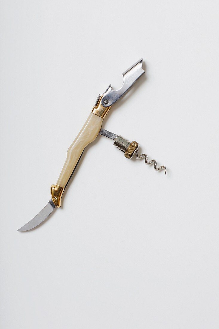 A cork screw with a cow horn handle, Laguiole model, gilded with a spacer ring to prevent cork crumbs falling into wine, '90s (Von Kunow Collection)