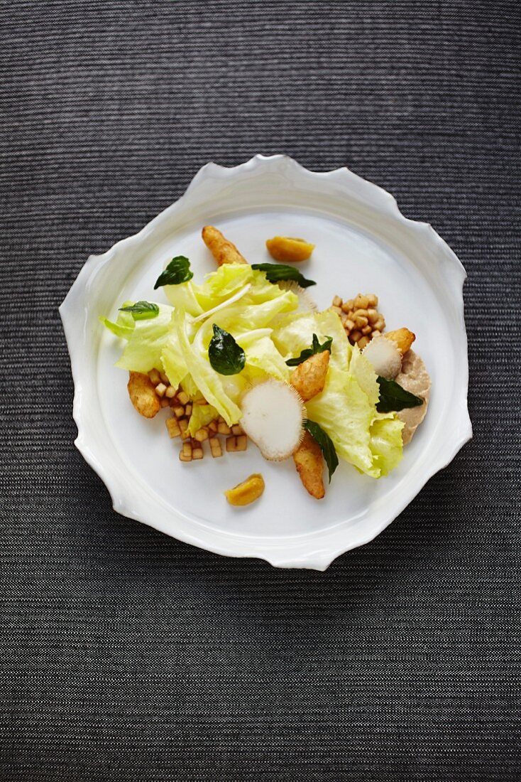 Chicory salad with sorrel root, king trumpet mushrooms and Persian limes at the restaurant 'Steirereck', Vienna