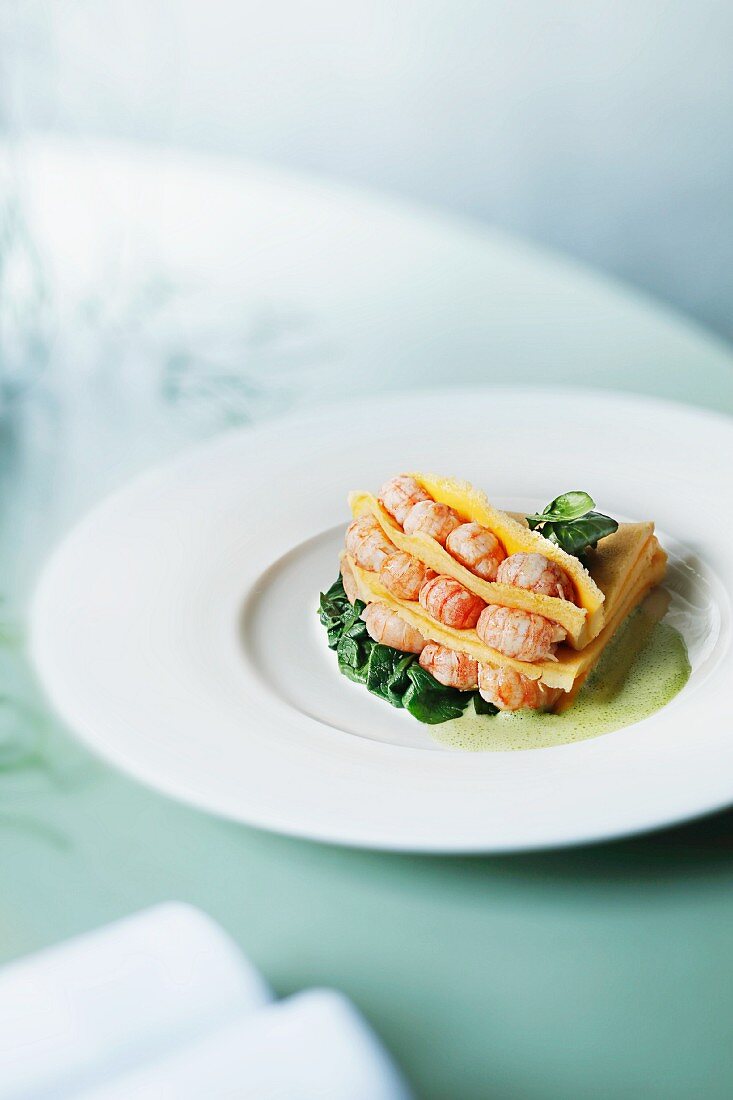 Omelette with crayfish tails and watercress