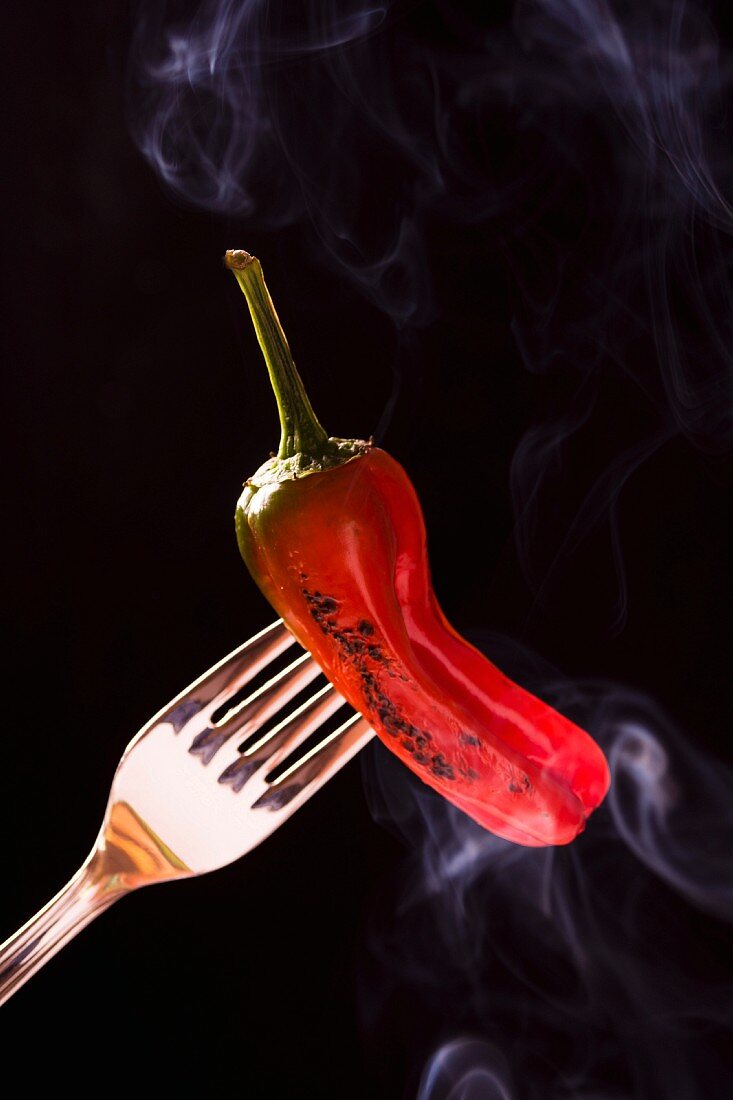 A smoking grilled red chilli pepper on a fork