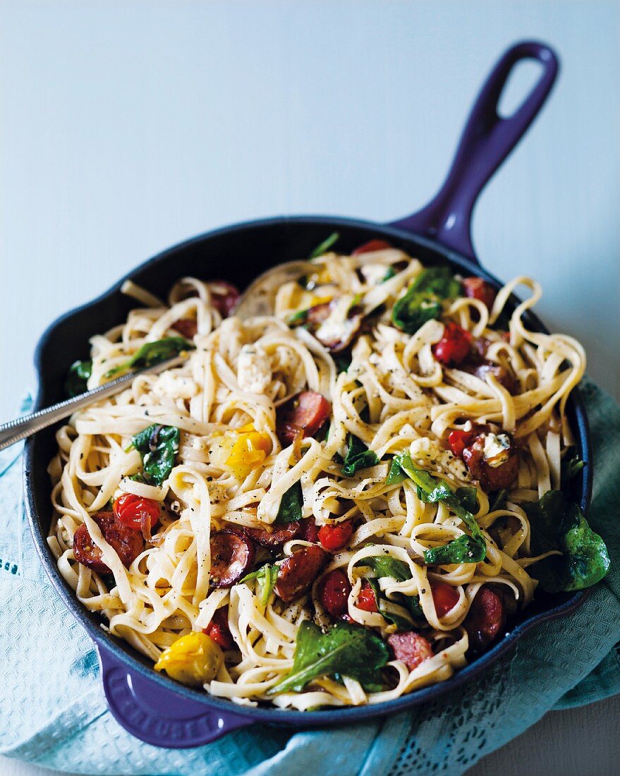 Fettuchine with chorizo, tomatoes and rocket