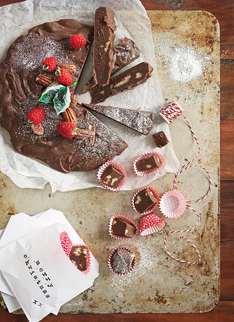 Fudge with pecan nuts and raspberries for Christmas