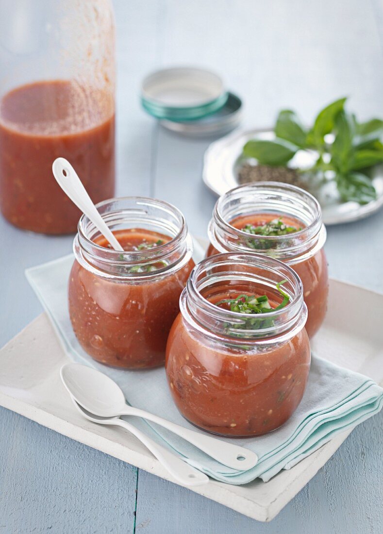 Gazpacho in jars and bottles