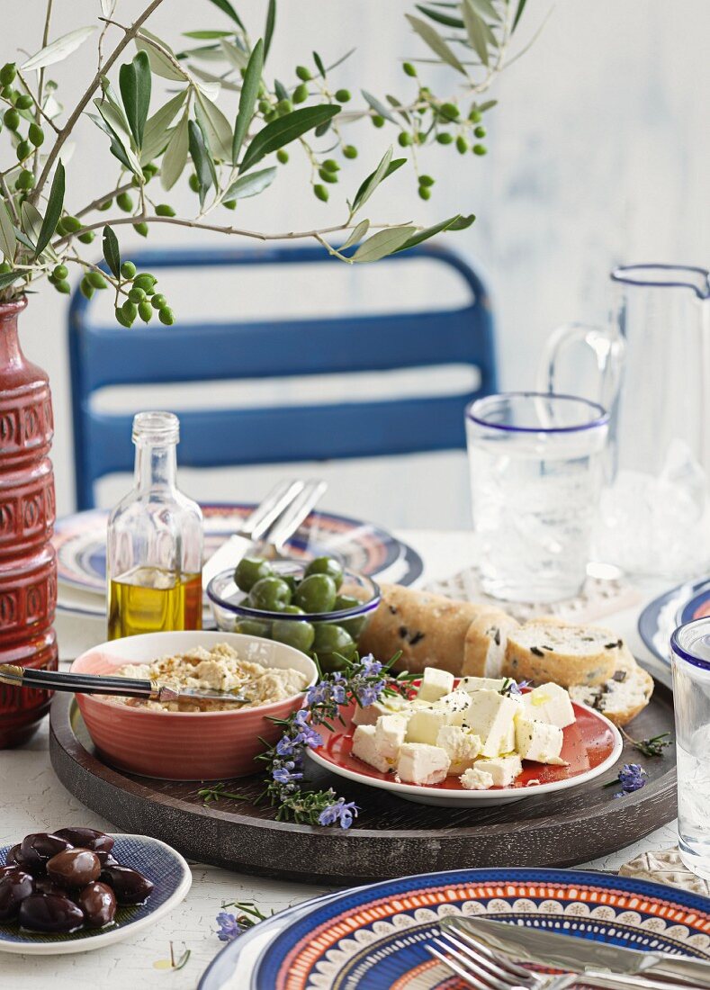 A table laid with various appetisers from Greece