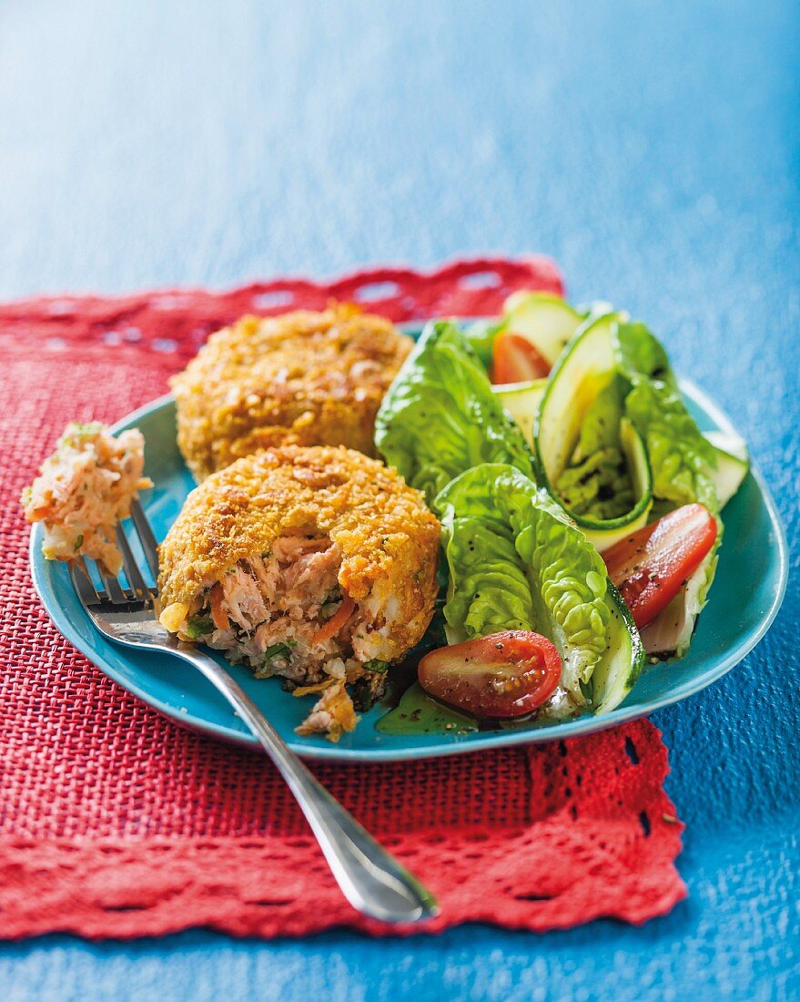 Trout fritters with a colourful salad
