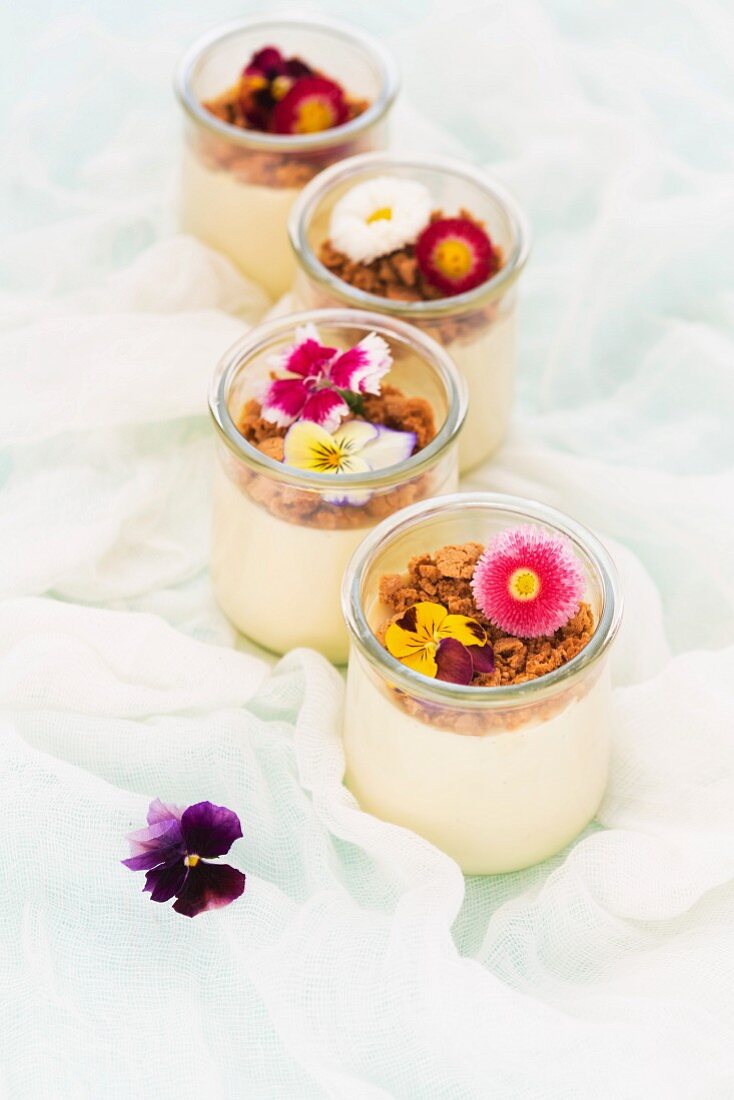 Panna cotta with Amaretti crumbs and edible flowers