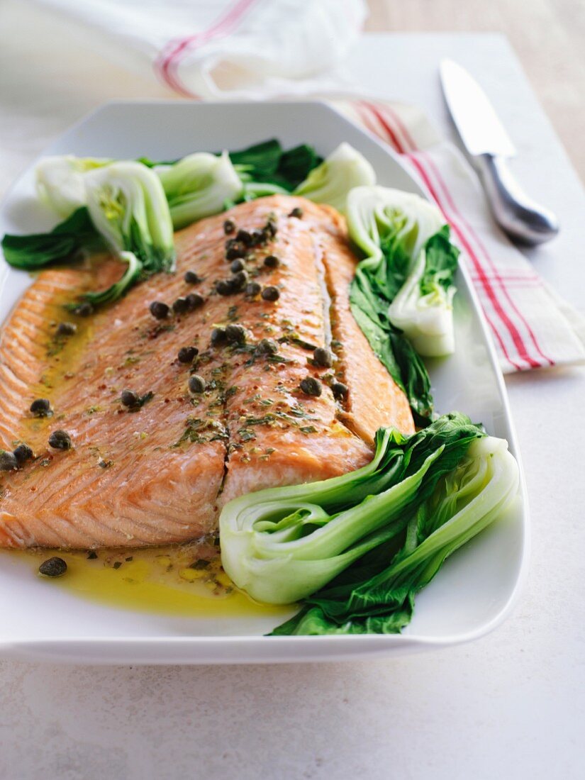 Salmon fillet with steamed bok choy, tarragon and capers