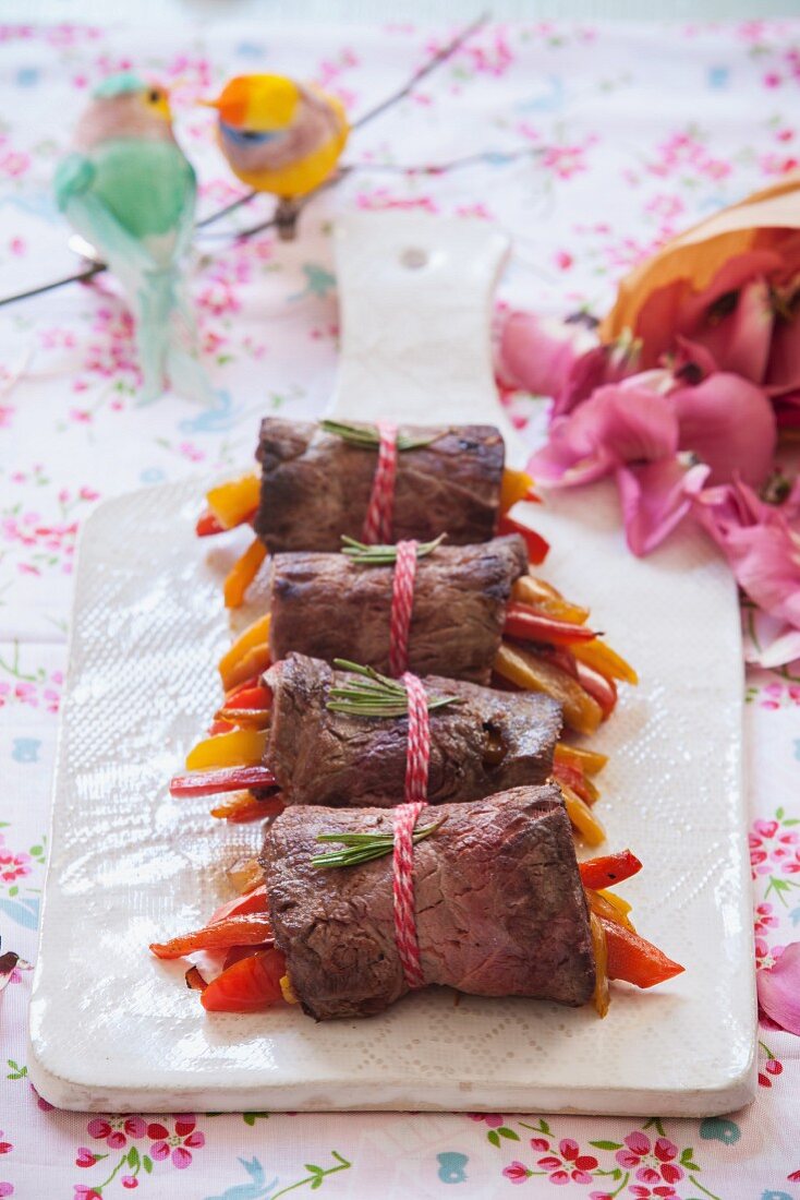 Beef roulade filled with peppers for Valentine's Day