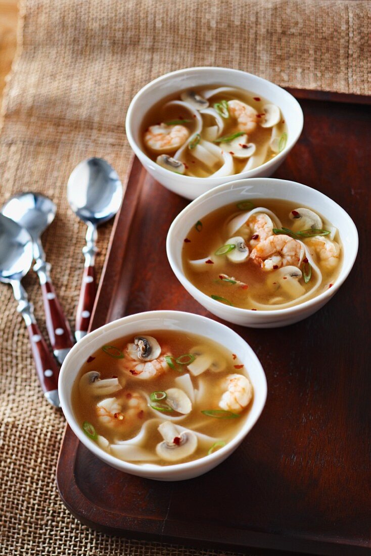 Prawn soup with noodles and mushrooms