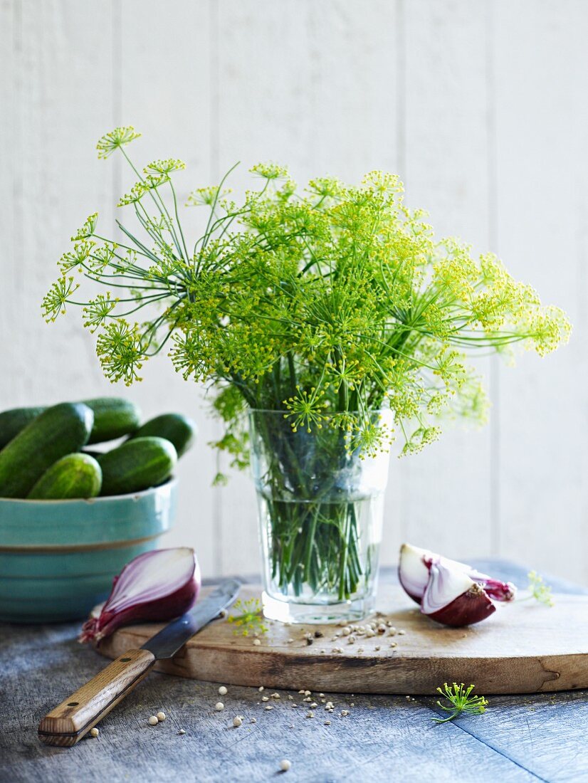 Dill flowers in a glass of water
