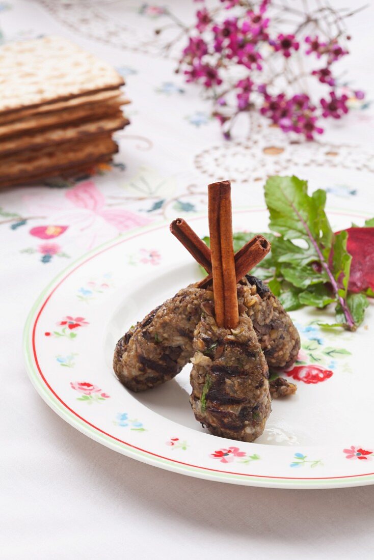 Vegetarian kebabs on cinnamon sticks for Passover