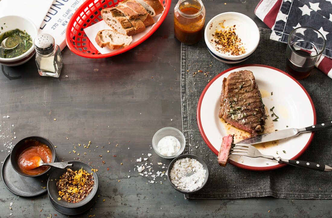 Grilled steak, spices and bread (USA)