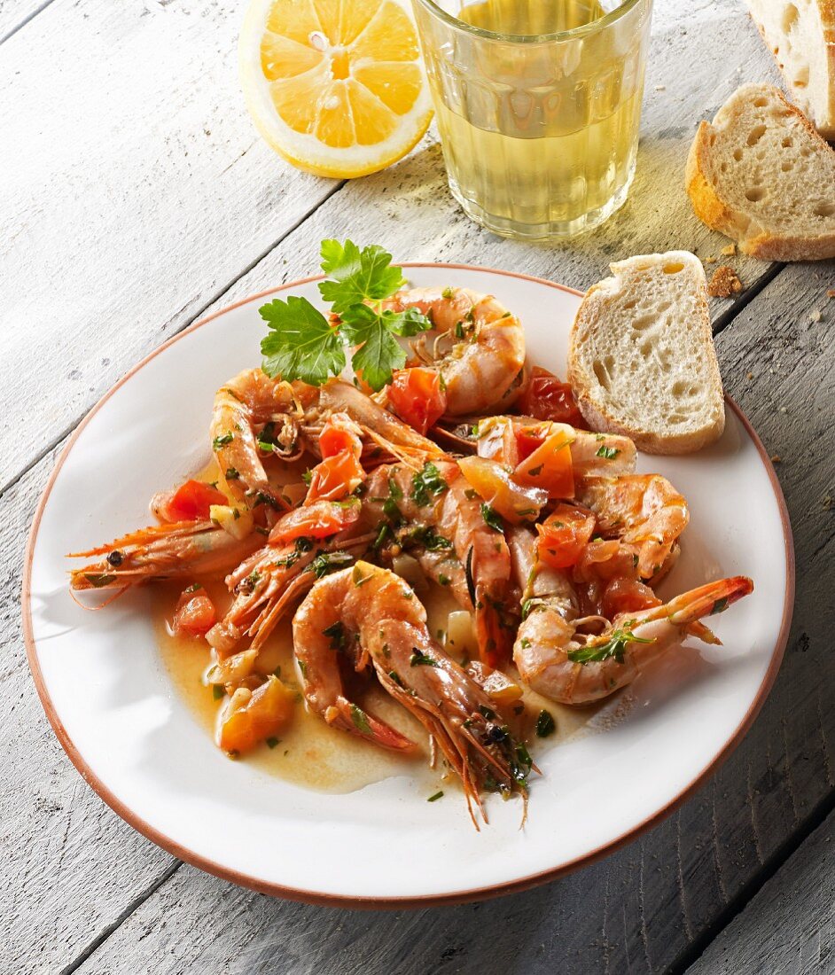 Prawns with tomatoes and garlic in olive oil