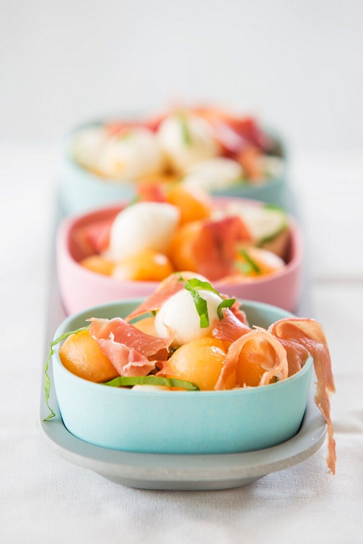 Melon salad with mozzarella balls and Parma ham